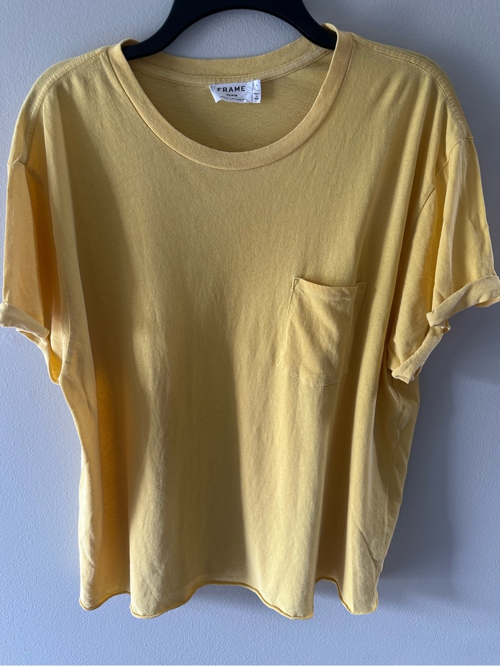 FRAME Denim 100% Cotton Pocket Tee Faded Yellow Rolled Sleeve Large